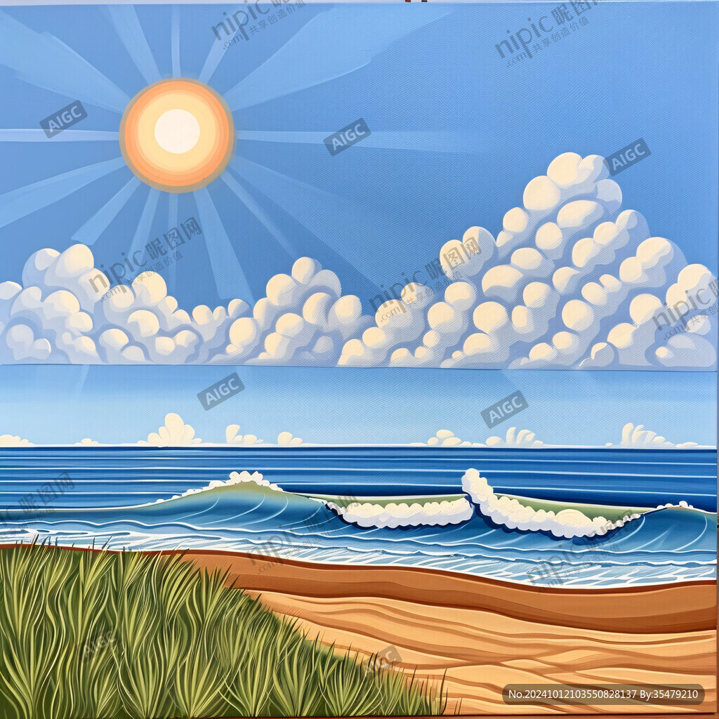 手绘海浪旭日东升
