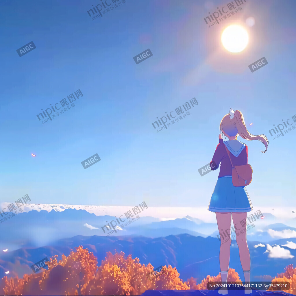 女学生夕阳下插画