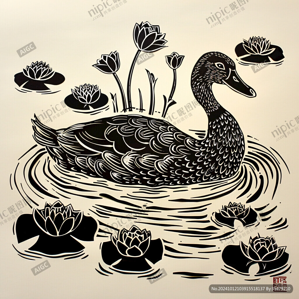 黑白版画插画鸭子