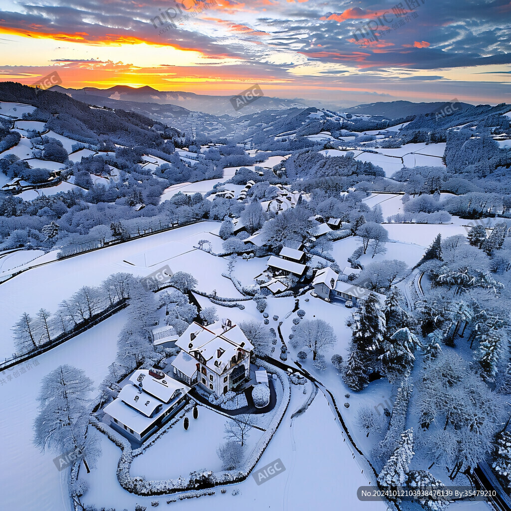 山村晚霞雪景