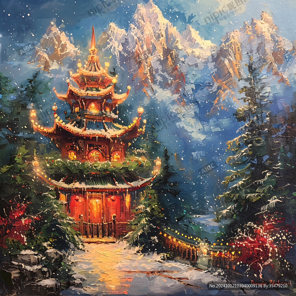 古风亭台楼阁油画