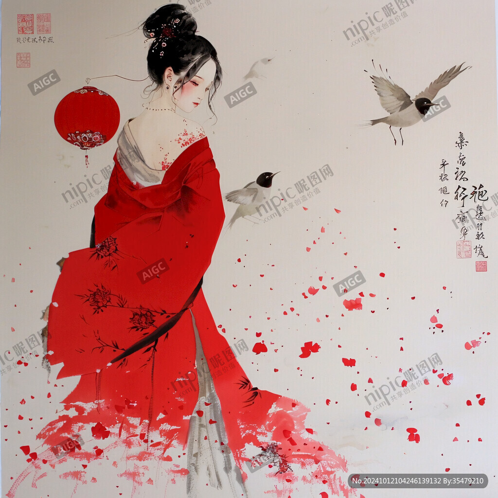 手绘美女红梅图
