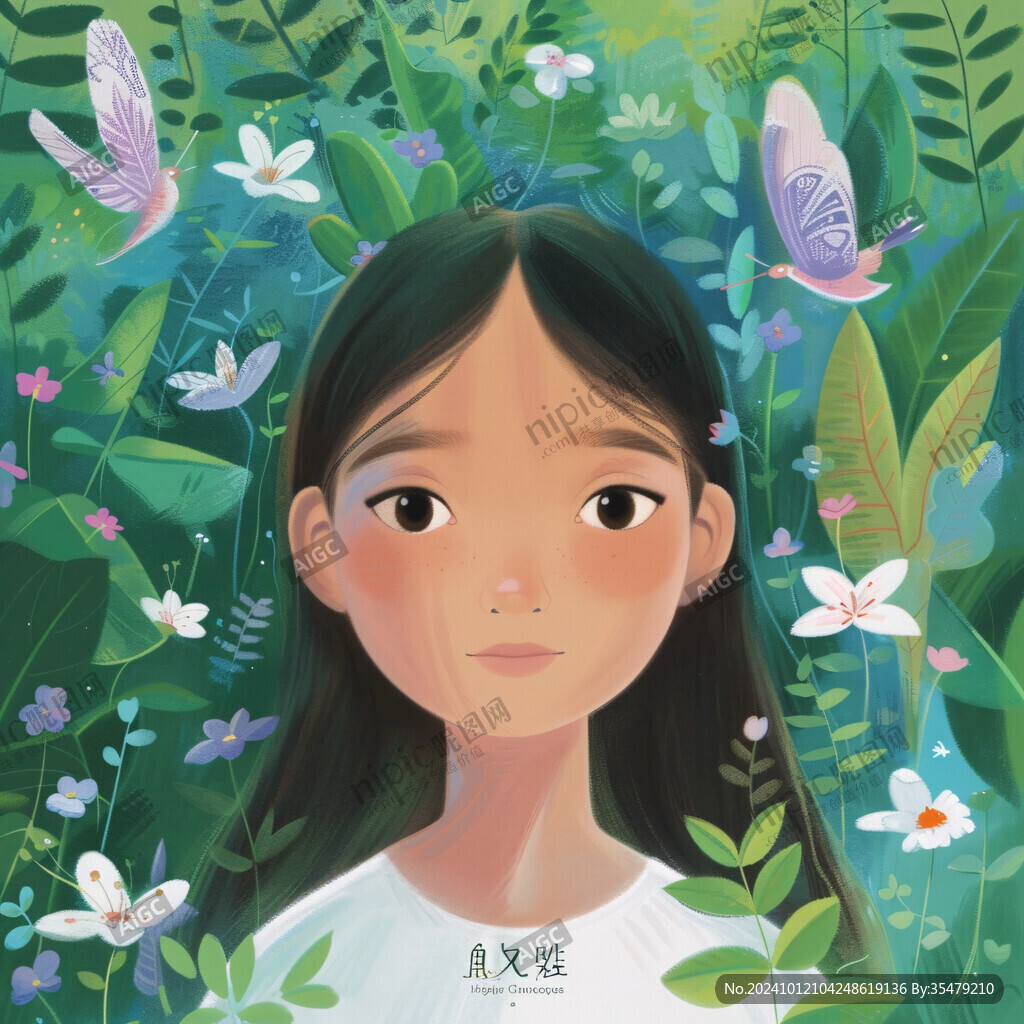 插画绿叶女孩