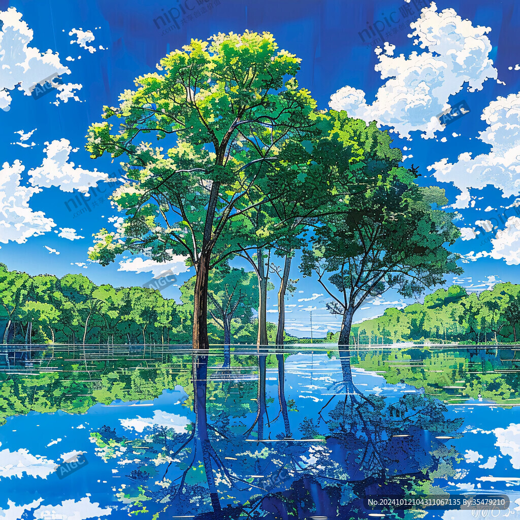 蓝天树木湖水