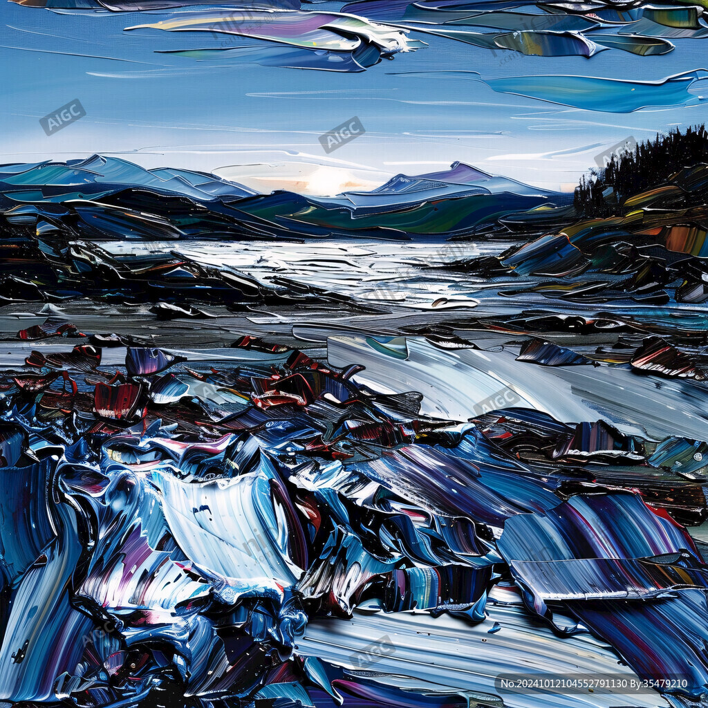 手绘油画群山河流线条