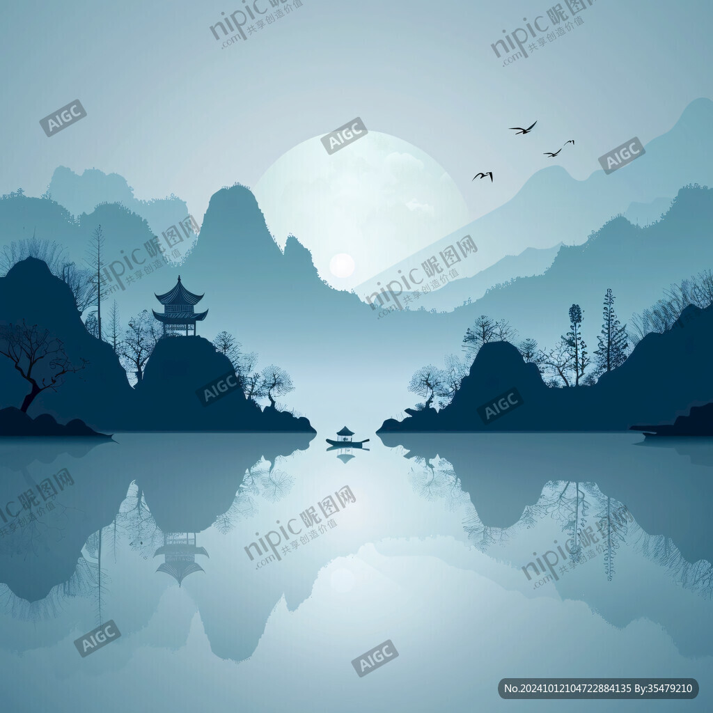中式山湖插画