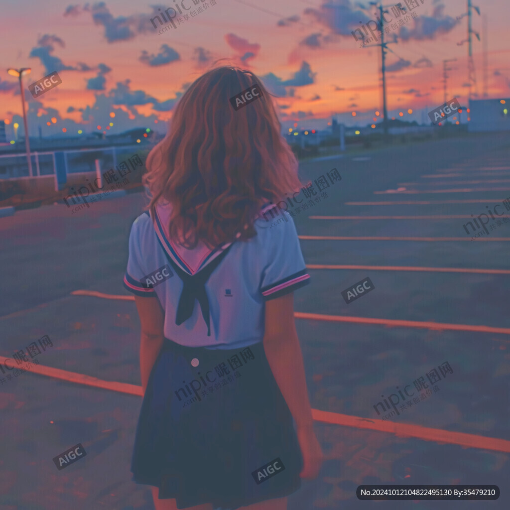女学生夕阳下插画