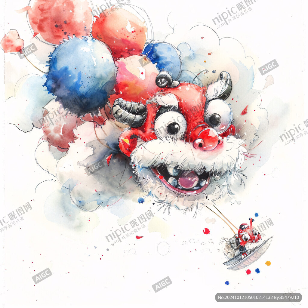舞狮水彩画