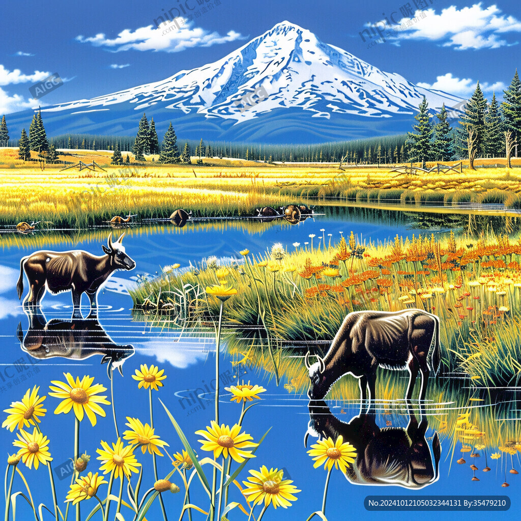 山坡牧牛风景画