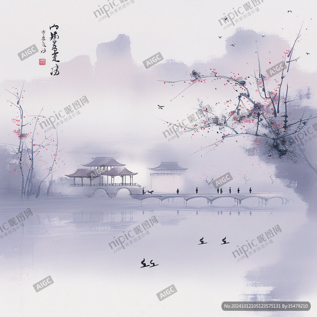 彩铅浪漫紫色国画山水
