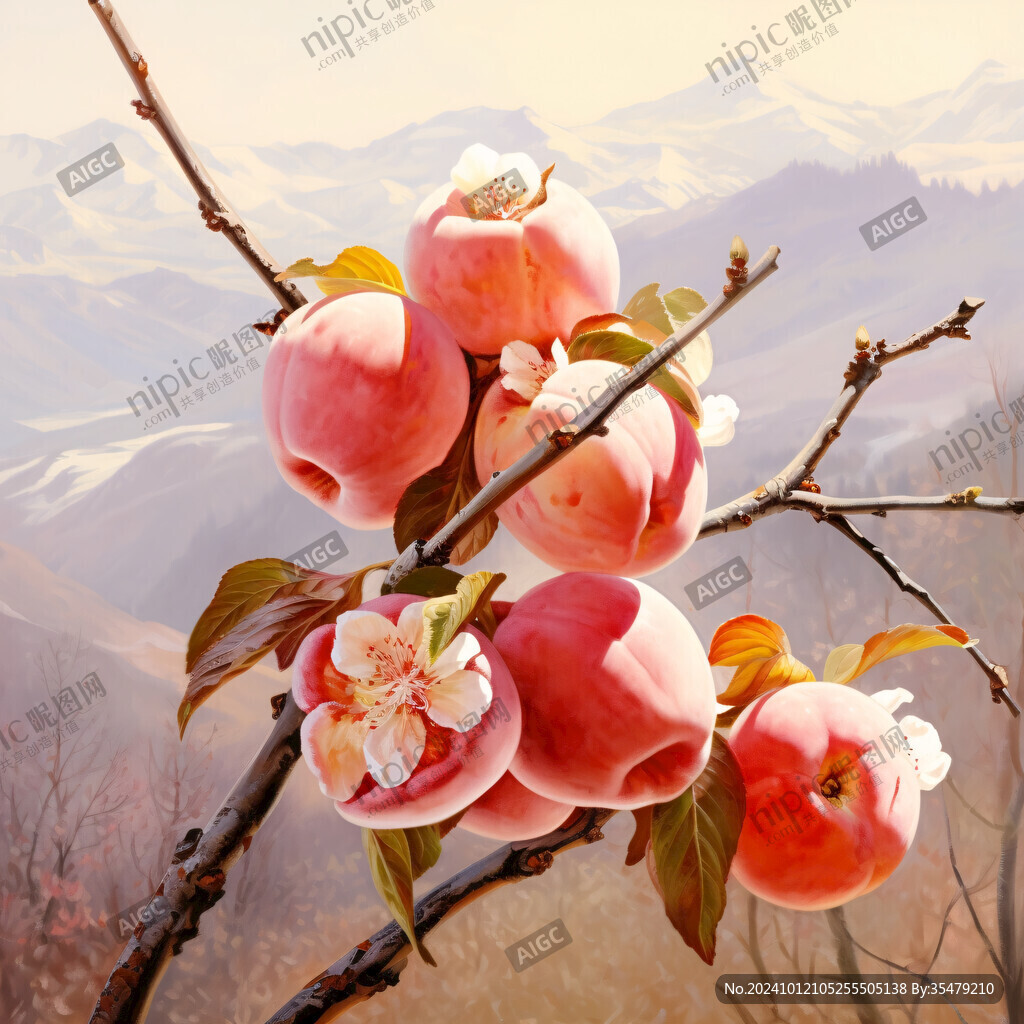 水果山水桃树插画