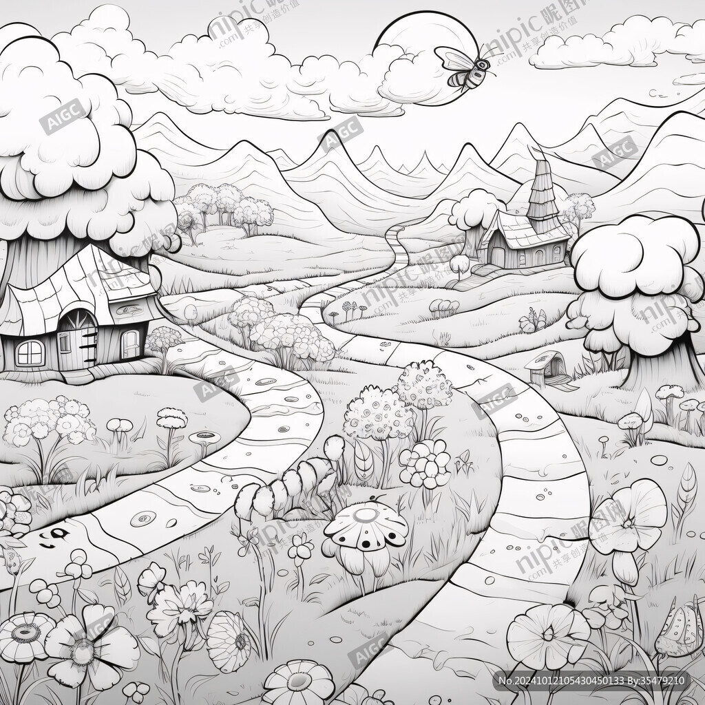 线描乡村场景
