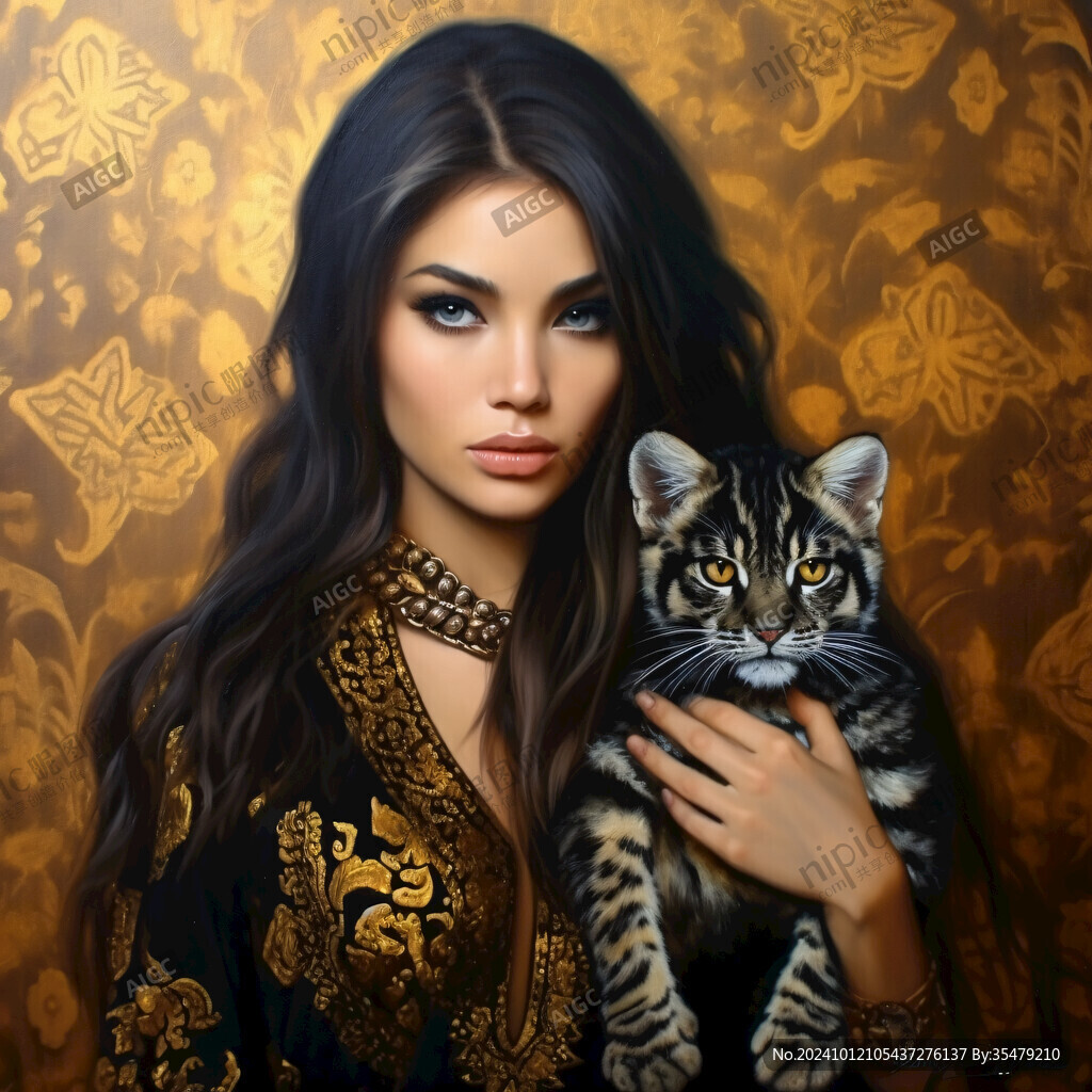 抱猫美女猫插画