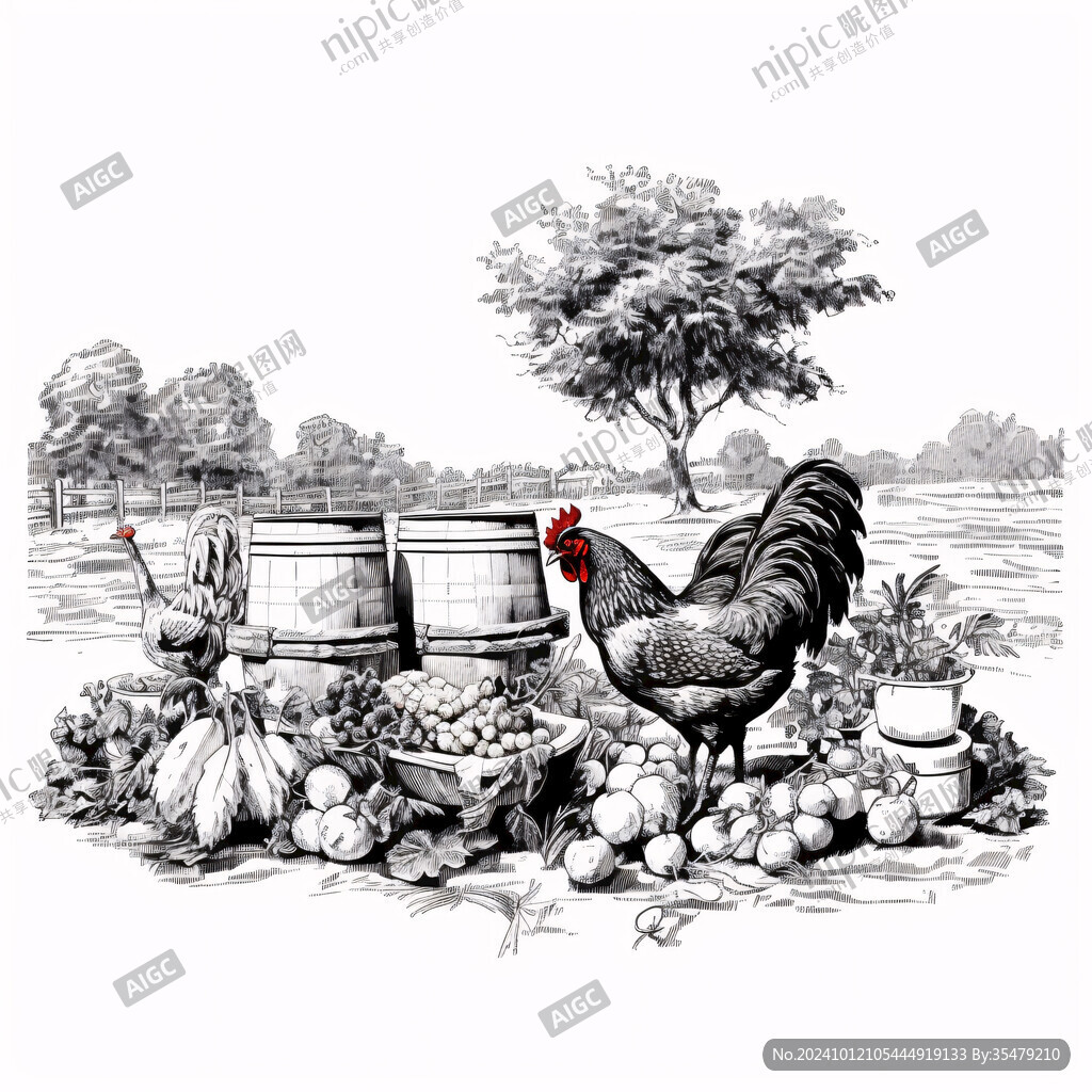 手绘版画土鸡