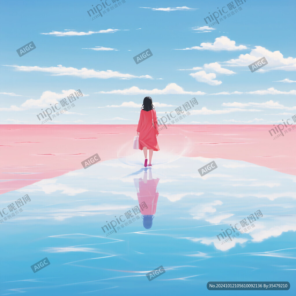 女学生海边插画