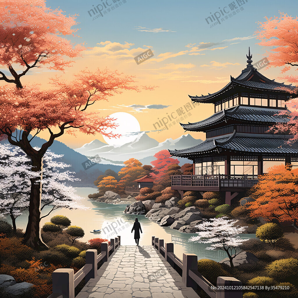 亭台楼阁意境插画