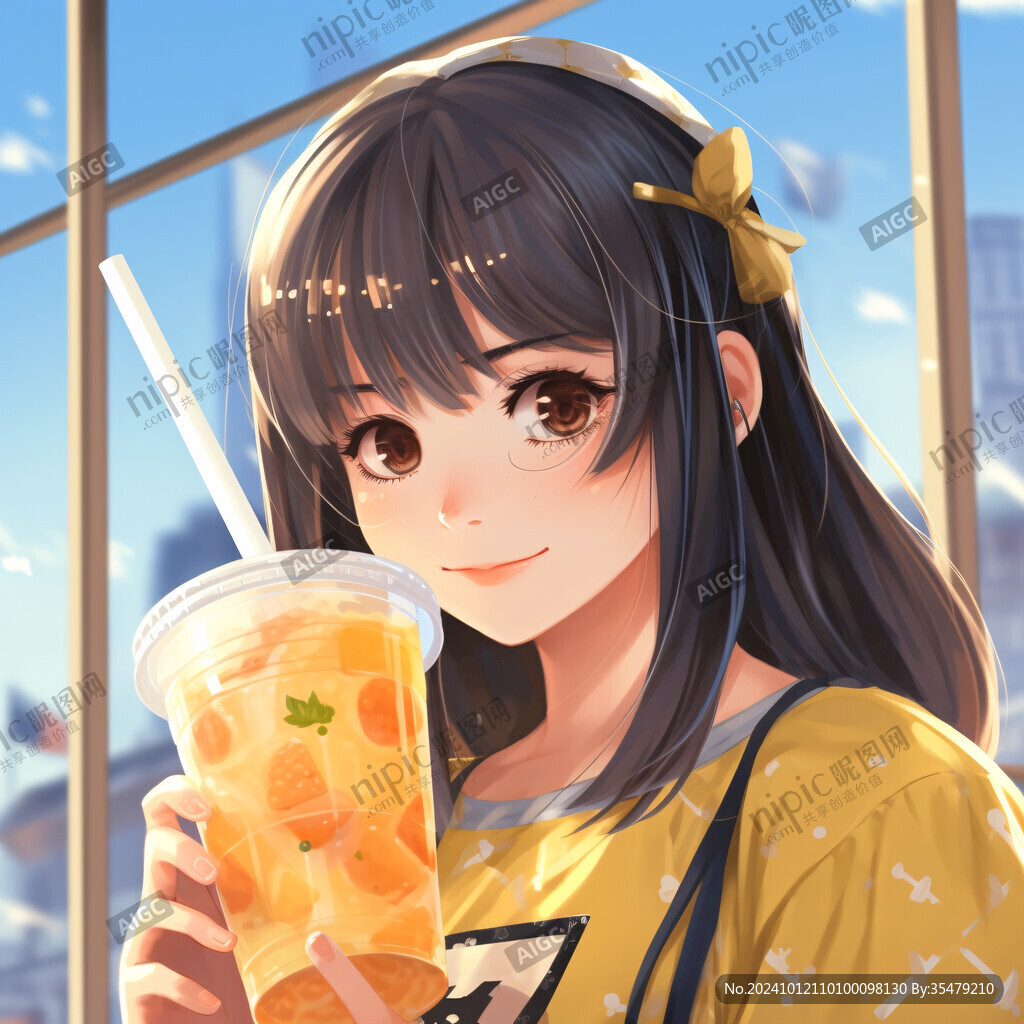 二次元女孩喝奶茶
