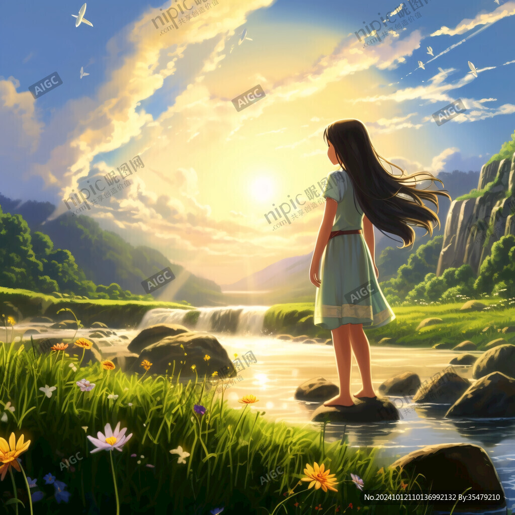 春天溪边风景少女