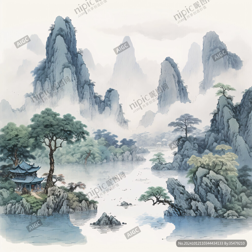 山水工笔画山水彩绘画