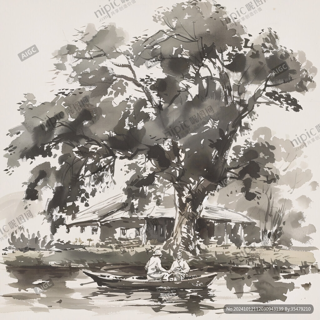 水榭树木水彩画