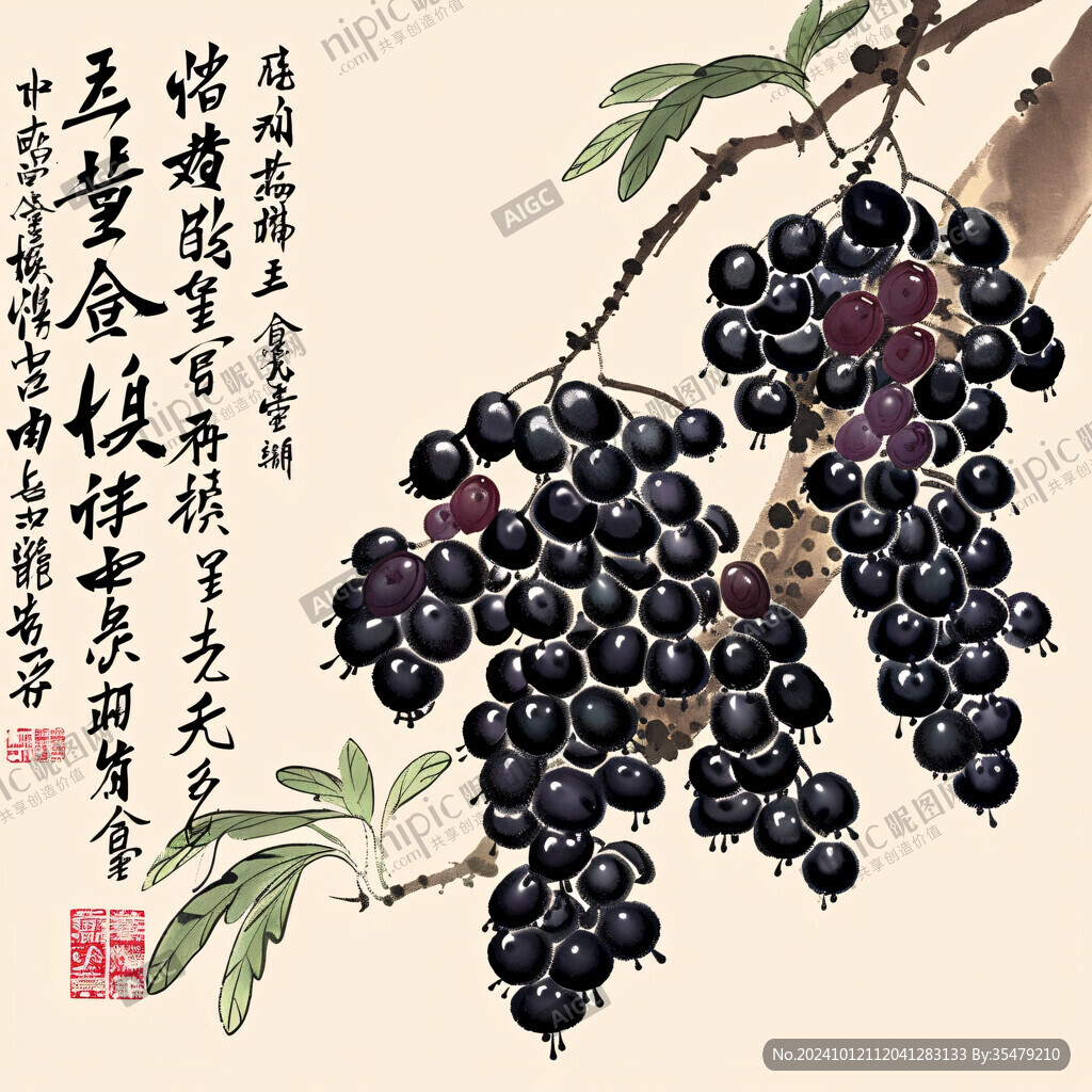 手绘中国水墨画紫葡萄