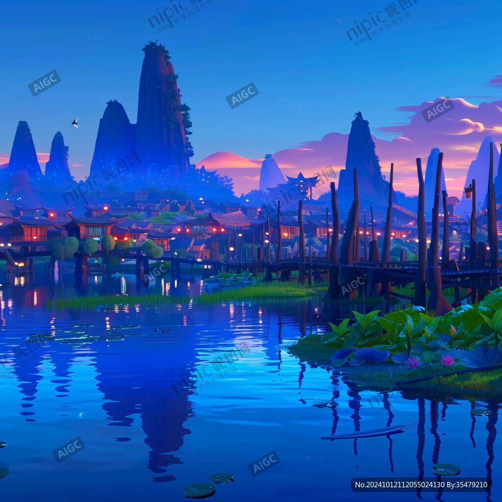 插画夜景湖泊
