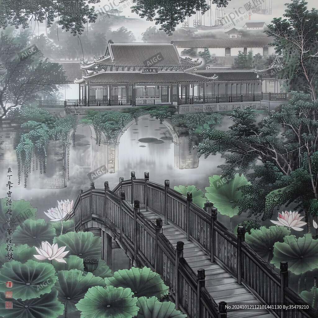 山水楼阁亭台墙画