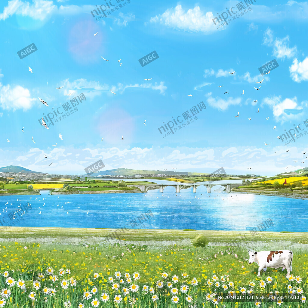 夏季草原野花河流