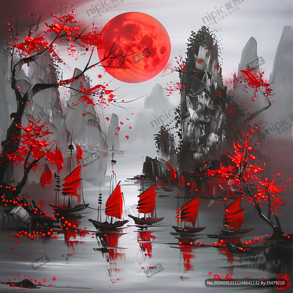 红色小舟水墨画