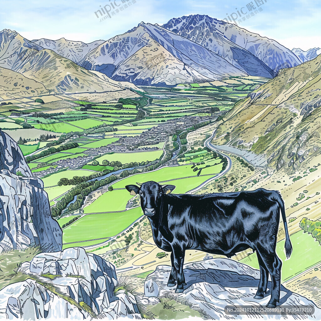 山坡牧牛风景画