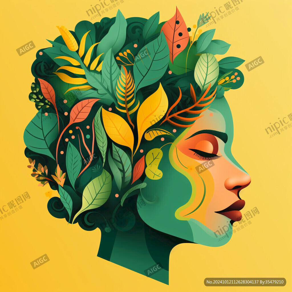 手绘植物女人时尚插画