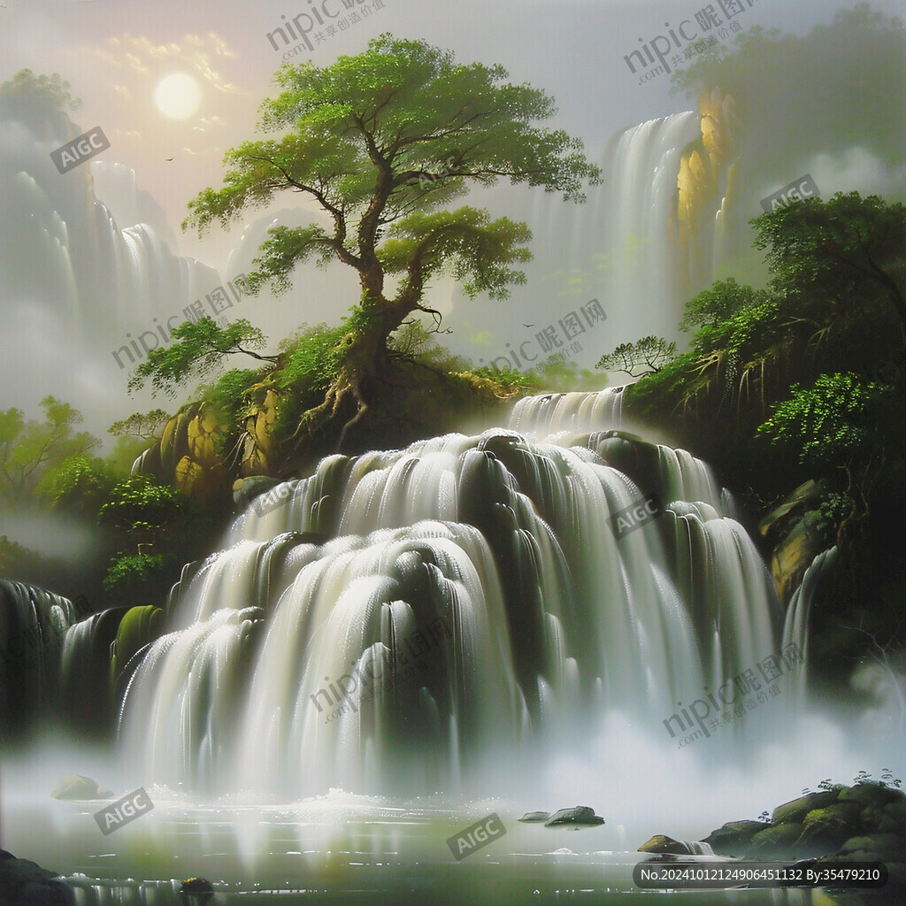 招财瀑布山水画