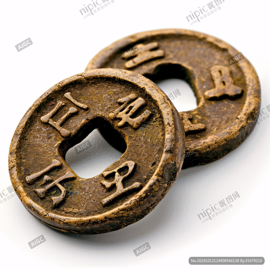 白底铜钱雕塑素材