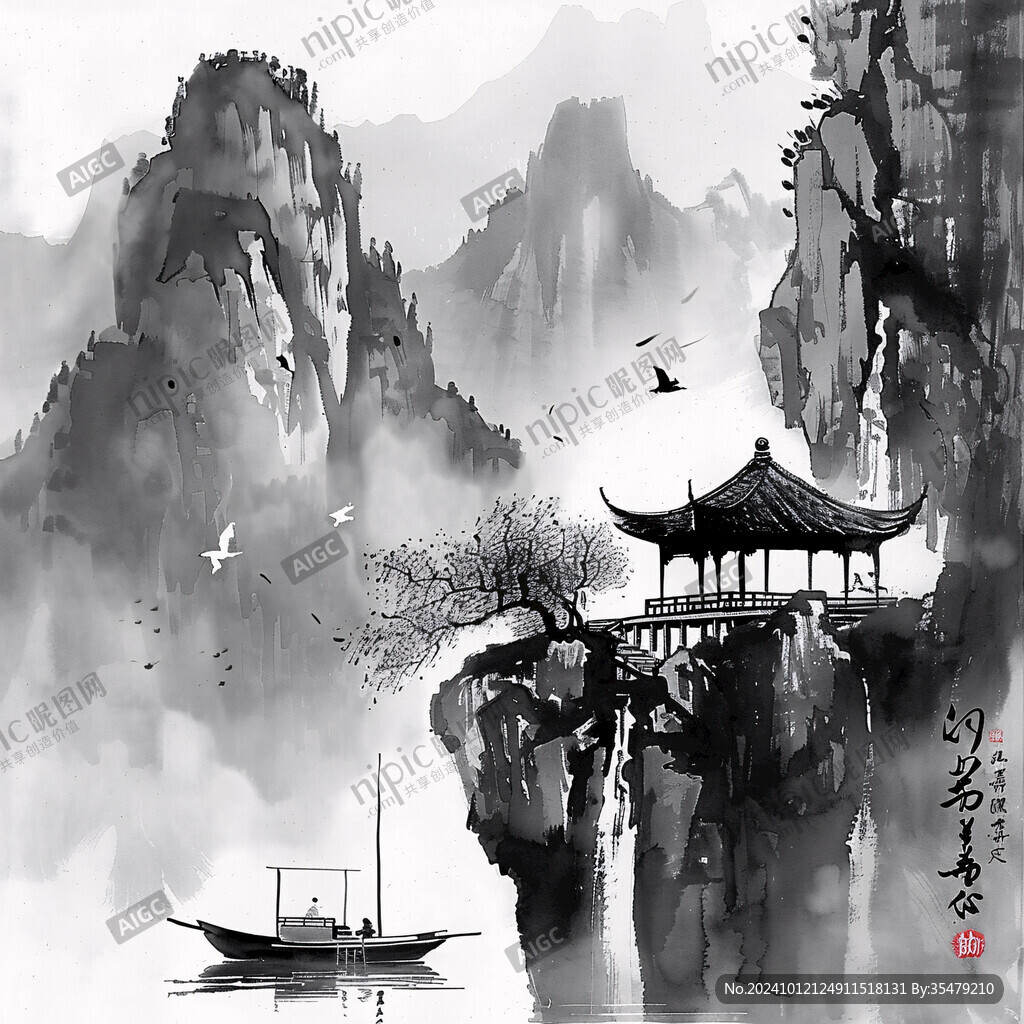 江南水乡墨韵禅意山峰