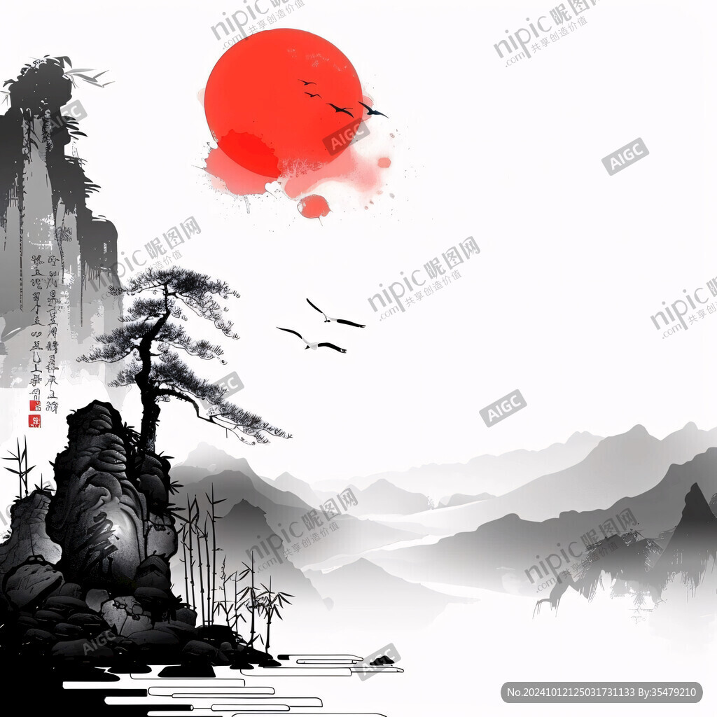 红日水墨山水