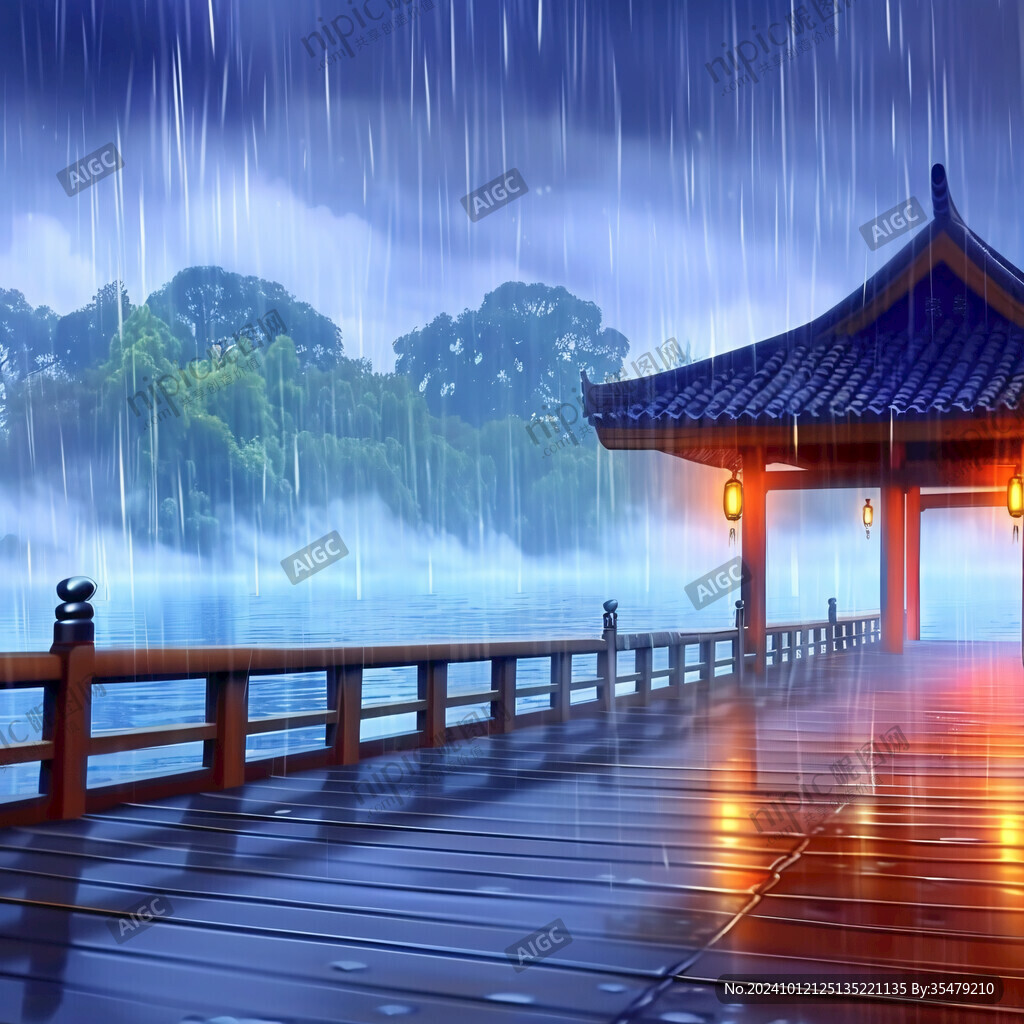 中式古代建筑雨景