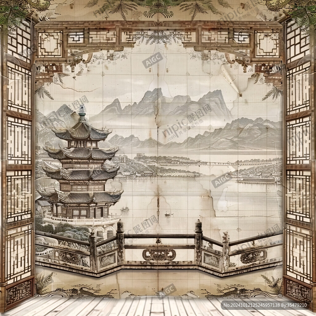描金楼阁背景墙