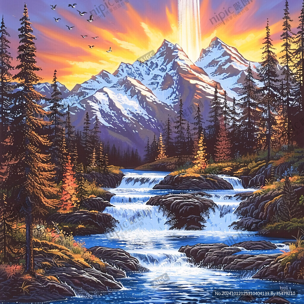 雪山森林河流图