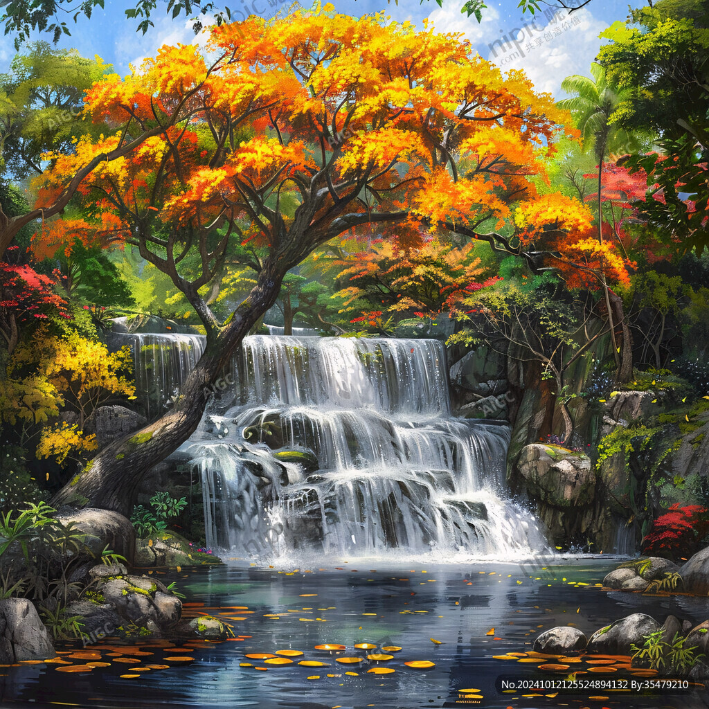 山水风景油画瀑布