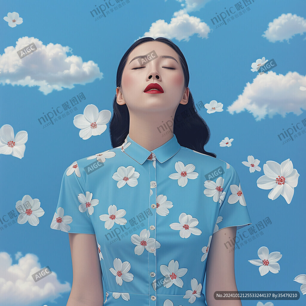 玉兰花蓝色旗袍美女
