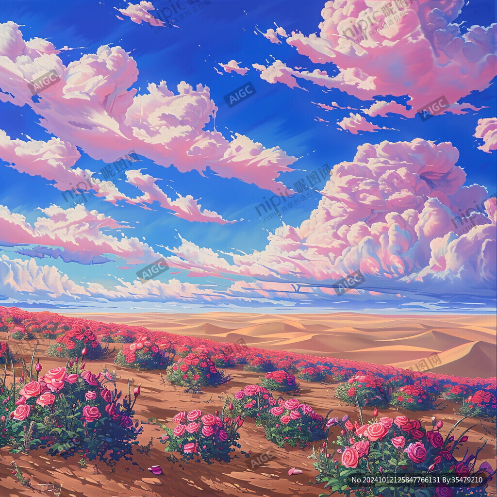 蓝天白云鲜花油画