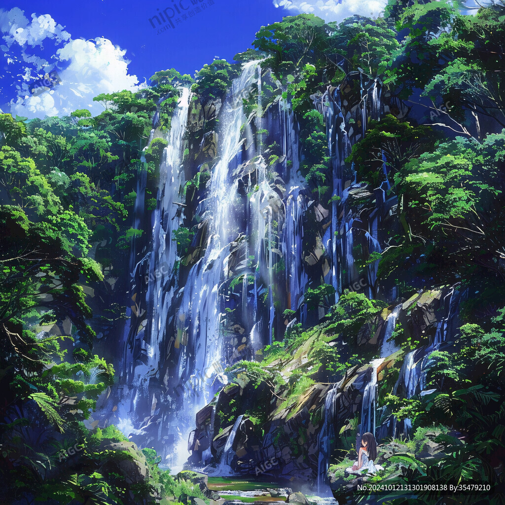 山水风景油画瀑布