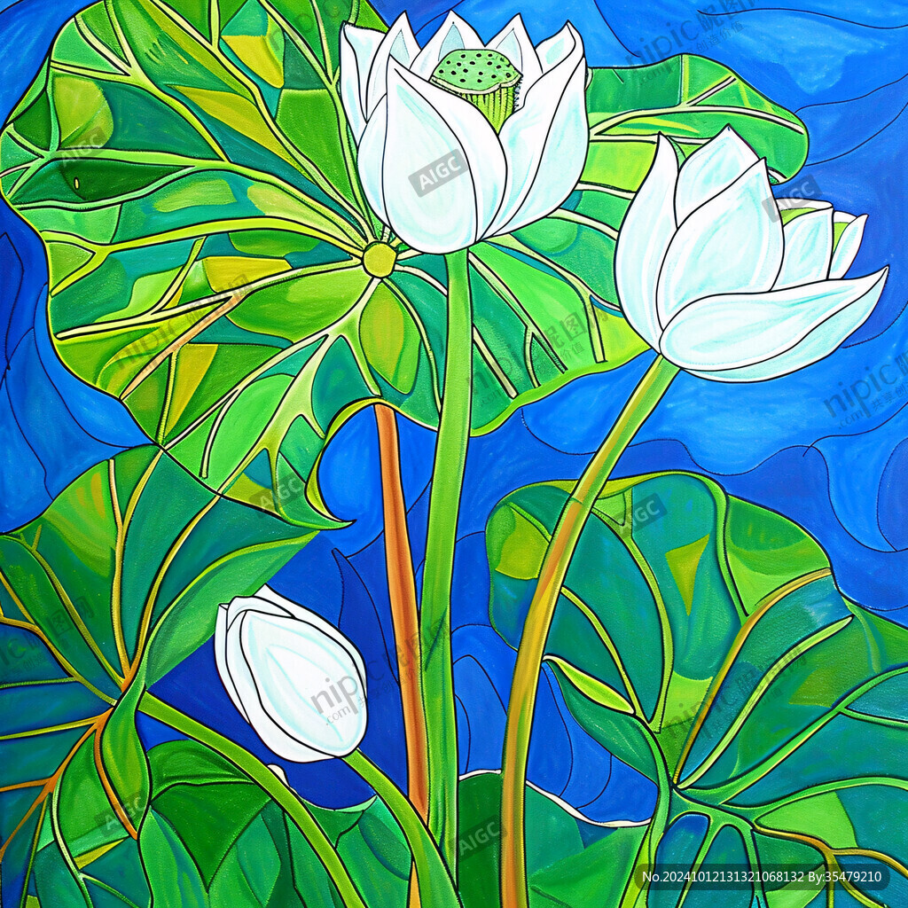 蓝色荷花壁画