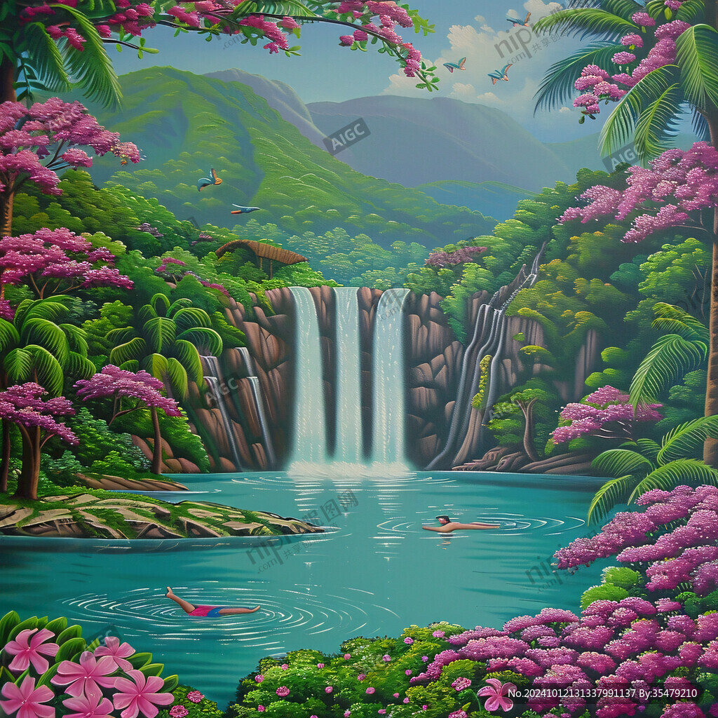 山水风景油画瀑布