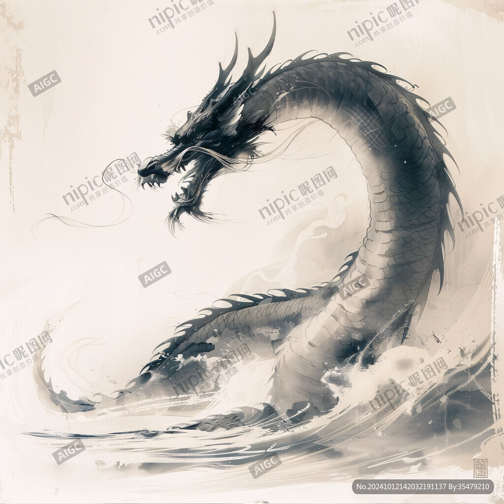 水墨画蛟龙水蛇