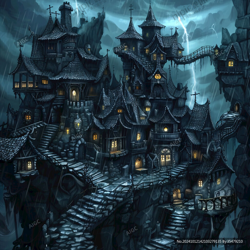 玄幻古镇夜景