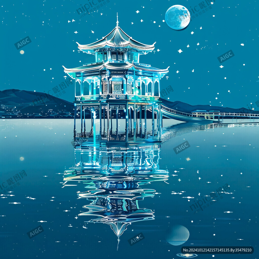 凉亭水中夜景