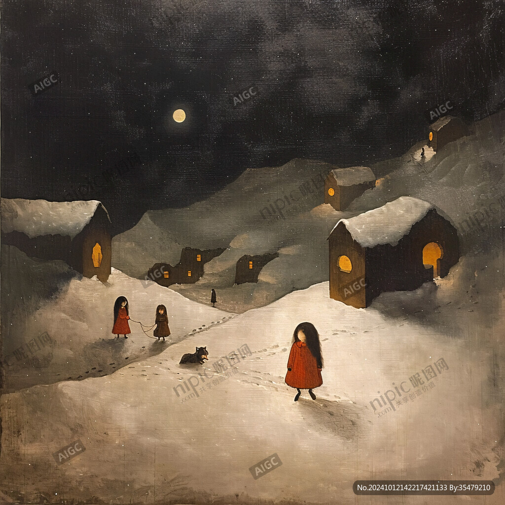 手绘在雪夜跳舞无框画