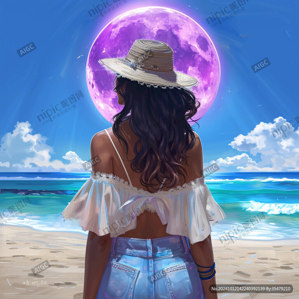 沙滩上的美女海边插画