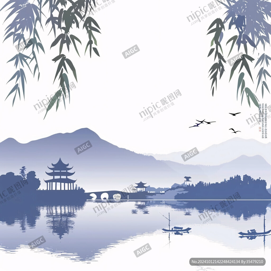 楼阁山水包装背景